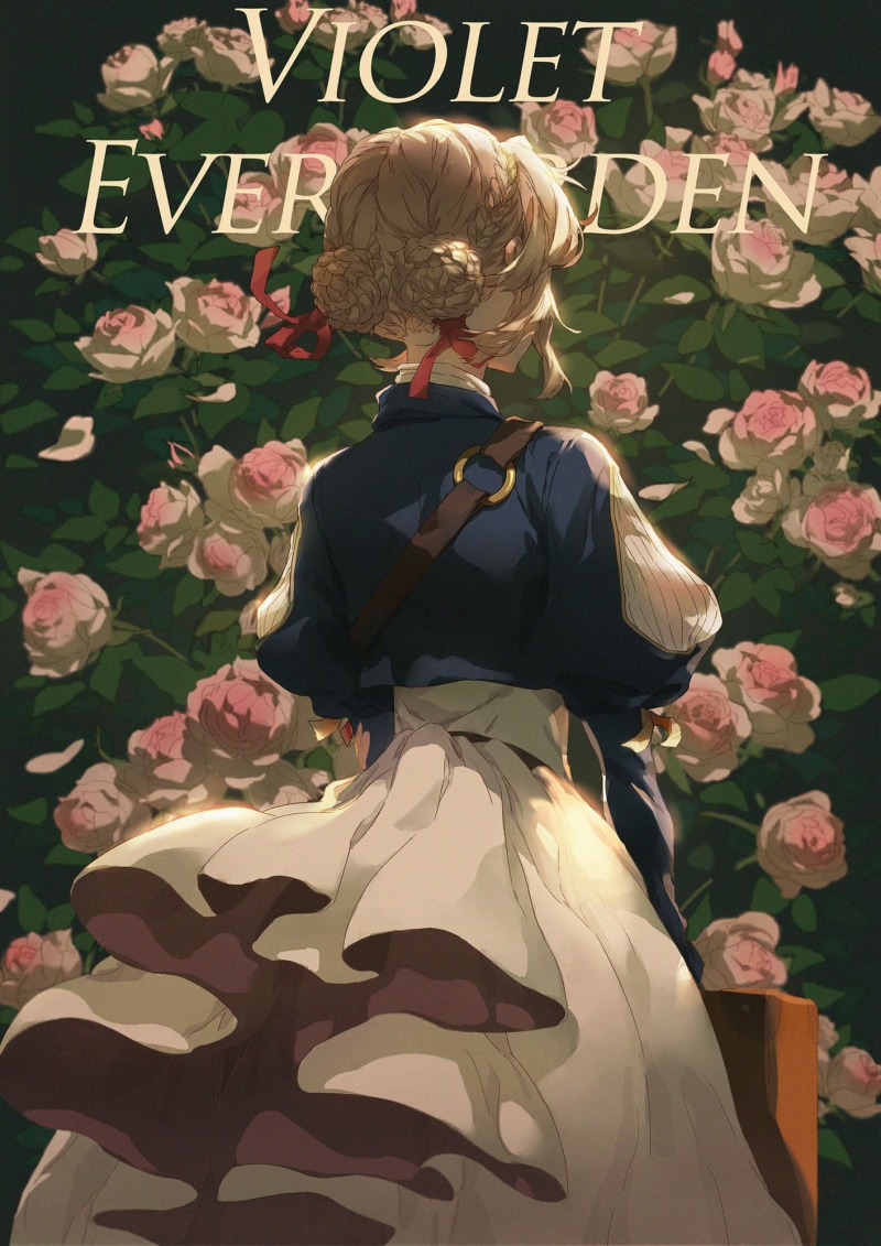 anime girls, fan art, 1080P, long hair, red ribbon, Violet Evergarden, blond hair, pink roses, vertical