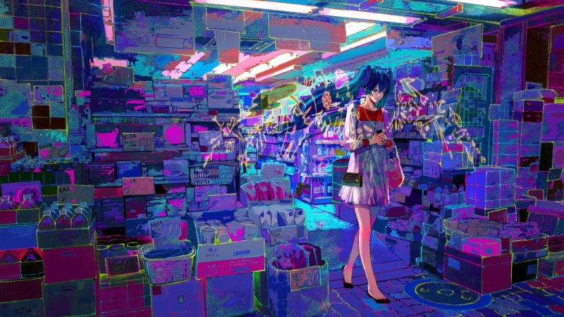  Vocaloid, business, mid adult, consumerism, multi colored, Hatsune Miku, one person, standing, anime, young adult, walking, technology, full length