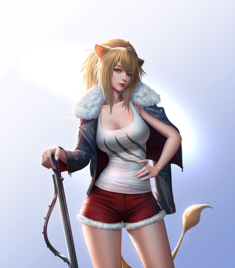 looking at viewer, fur coats, see-through blouse, artwork, shorts, fox ears, digital art, simple background, Siege(Arknights), anime, 2K, Arknights, white tank top