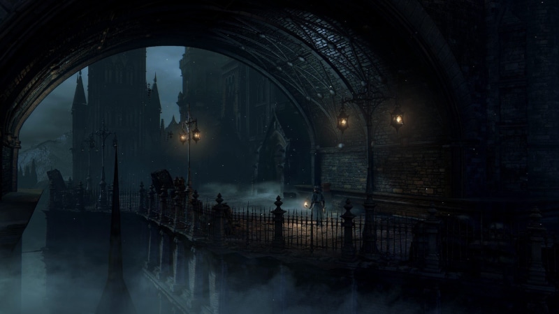 arch, building, street light, night, Bloodborne, digital art, fantasy art, 1080P, old building, dark, architecture, mist, artwork, house, video games