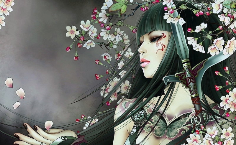 digital art, face, 1080P, girl, asian girl, mouth, sword, tattoos, lips, piercing lip, blue eyes, brunette, weapon, peach blossom, artwork, fantasy, flowers