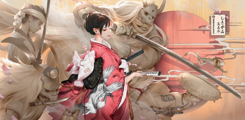 artwork, mask, kimono, 1080P, fantasy art, ghosts, Bigball Gao, katana, warrior girls, sword, demon, warrior, digital art, fantasy girl, women, horns