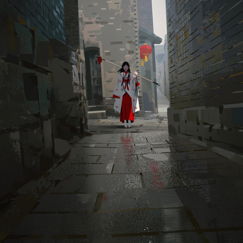 character design, spear, women, street, lantern, 1080P, kimono, eastern