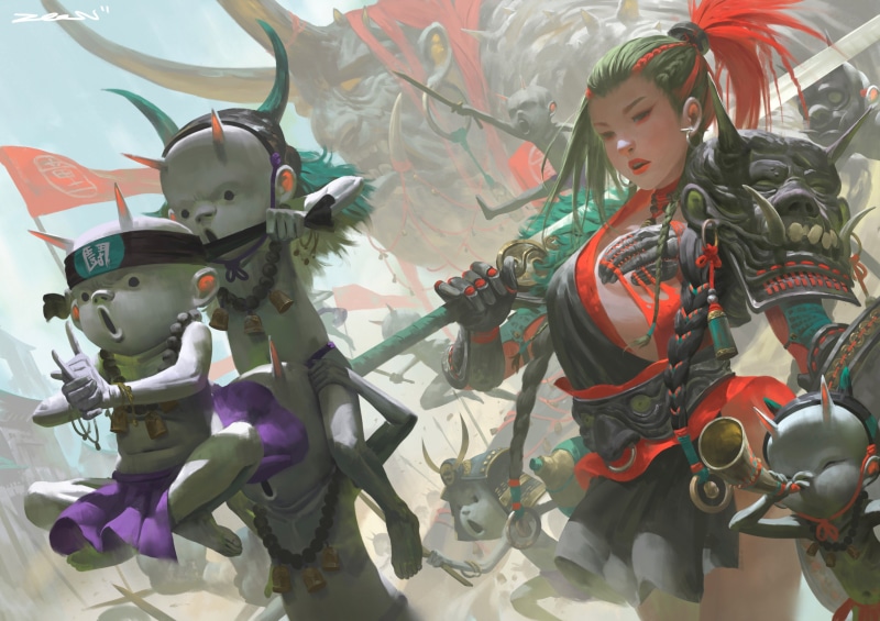 4K, warrior girls, weapon, Zeen Chin, drawing, armor, women, demon, illustration, artwork, digital art, fantasy art, sword, 2D, samurai, fantasy girl