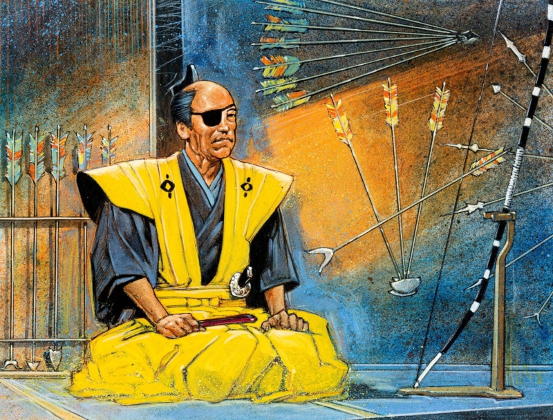 eye patch, samurai, kataginu, sword, 2K, bow, Val Mayerik, arrows, Pointillism, kimono, painting