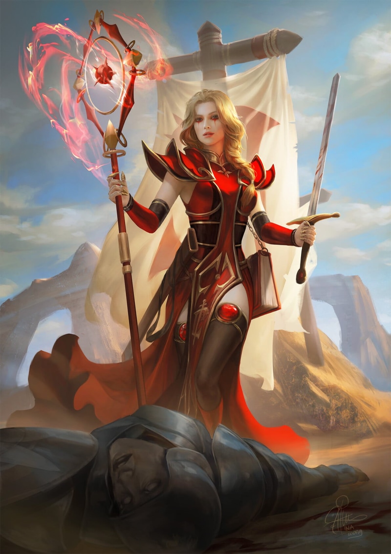face paint, weapon, drawing, Ina Wong, thigh-highs, looking at viewer, blonde, armor, magician, red clothing, red, 720P, long hair, women, banner, sword