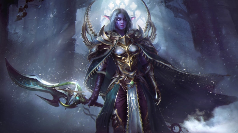 women, dark, Eddy Shinjuku, 1080P, weapon, Warcraft, armor, drawing, pointy ears, snowing, elves, warrior, sword, Night Elves, face paint