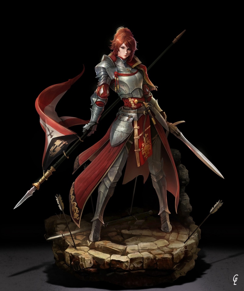 steel, 1080P, black, red clothing, drawing, redhead, weapon, ponytail, skirt, warrior, Park JunKyu, sword, arrows, women, armor, spear
