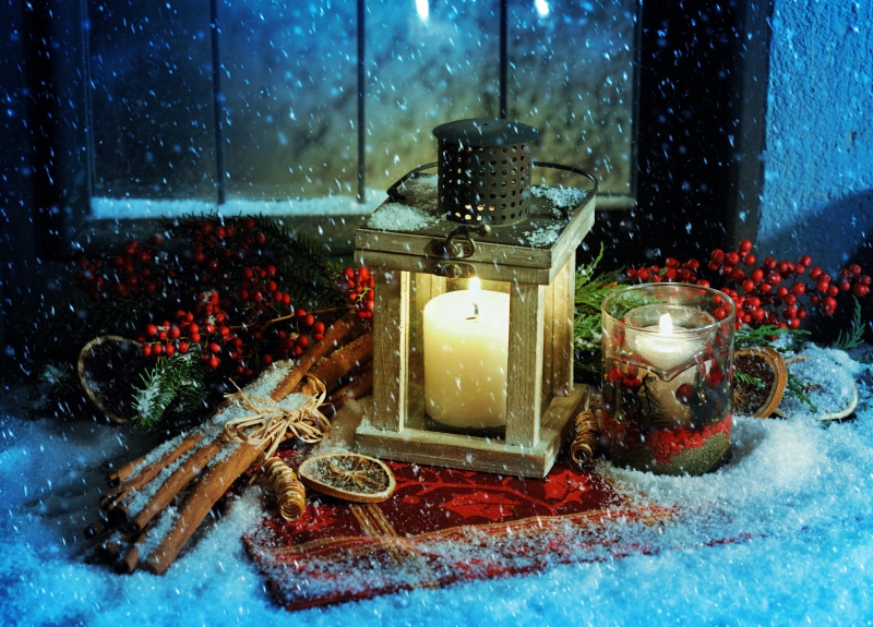 december, year, candlelight, focus on foreground, flame, gift, table, glass - material, snow, tree, backgrounds, lighting Equipment, cold temperature, christmas Ornament