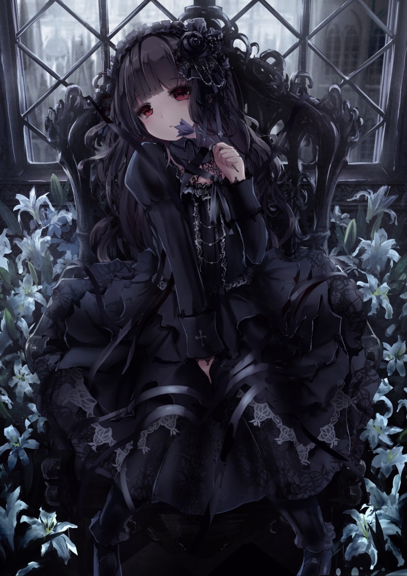 anime, young women, real people, anime girls, red eyes, flowers, dress, females, front view, one person, brunette, indoors, three quarter length, clothing