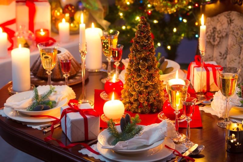 no People, dining, indoors, decor, glass, red, celebration, candle, food and drink, dinner, tree, setting, napkin, christmas Decoration, romance, drinking Glass