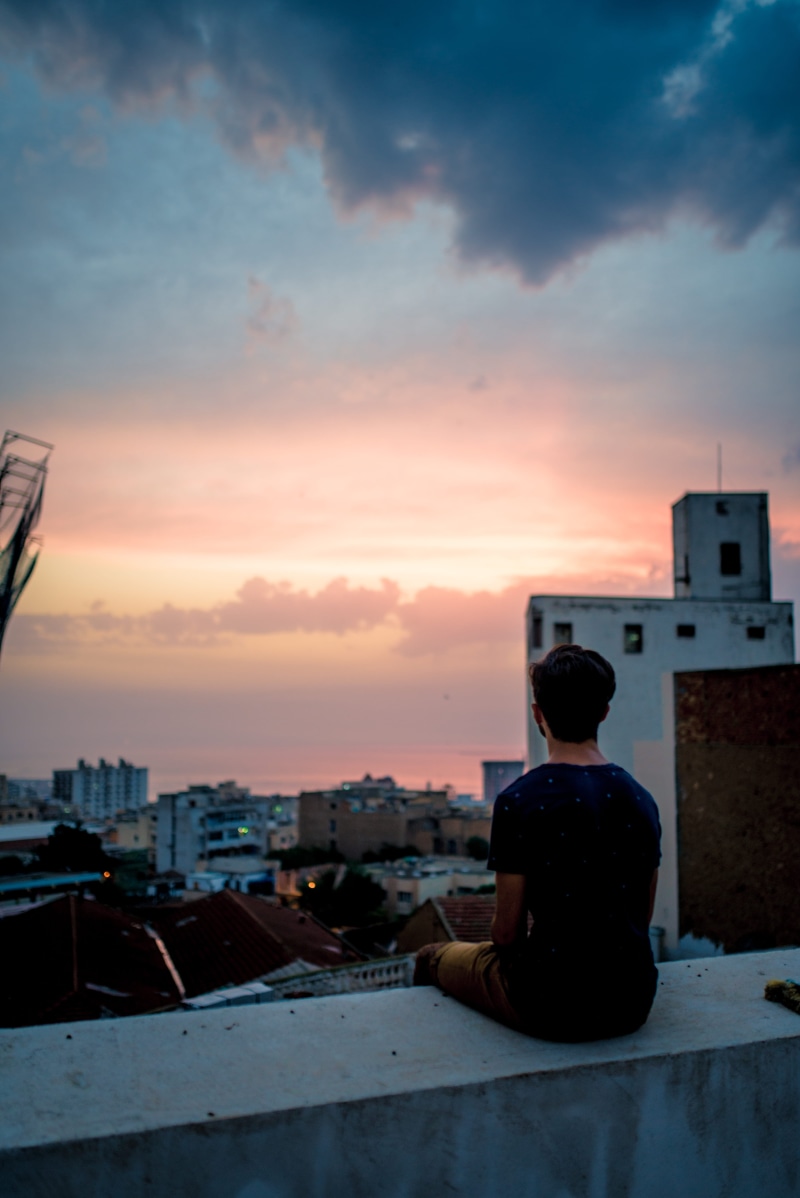 architecture, asphalt, rooftopping, young, boy, cityscape, terrace, dark, outdoors, men, building, people, rear view, escape, person, roof, looking at view