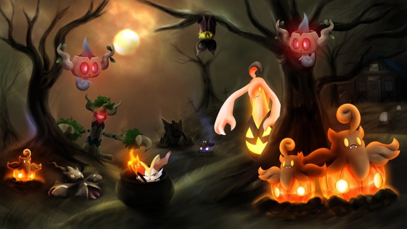 festival, celebration, fire, representation, tea light, lighting equipment, Noibat (Pokémon), Pumpkaboo (Pokémon), candle, Mega Gengar (Pokémon), Trevenant (Pokémon)