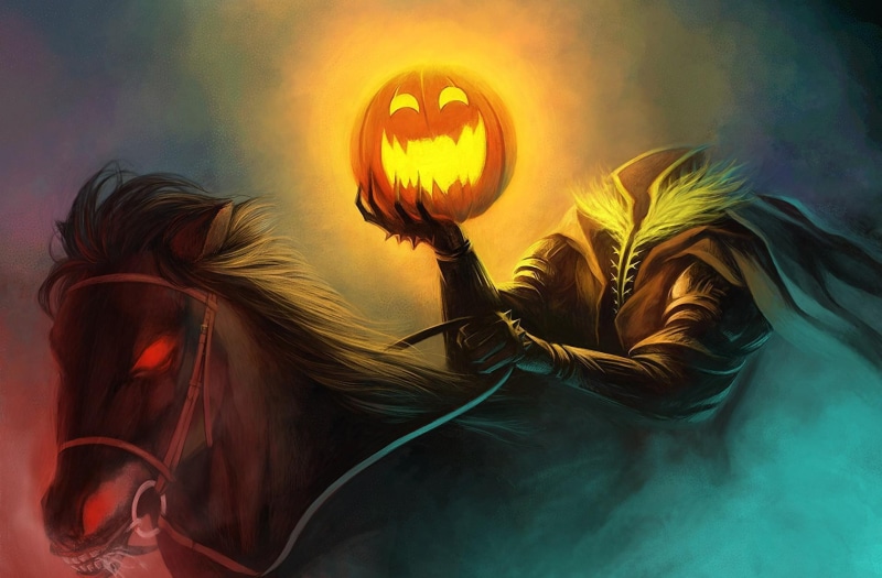 headless horseman, o, 1080P, jack, headless, horse, pumpkin, holiday, illustration, horseman, riding, halloween, lantern