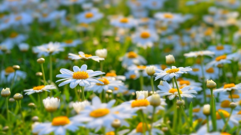 no people, land, flowers, white, flowering, field, springtime, outdoors, plant, yellow, selective focus, freshness, flowerbed, flowering plant, 1080P