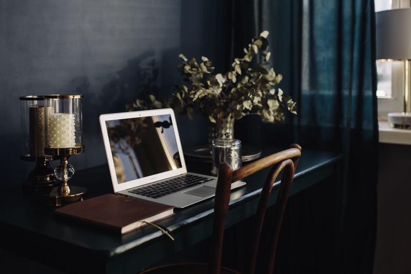 technology, gold decorations, home office, working, notebook, home, laptop, glass, nature, computer, golden accessories, food and drink, calendar, interior