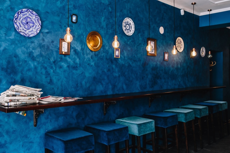 chair, no people, absence, blue, electric lamp, modern, indoor, indoors, lighting equipment, hanging, bar, furniture, 4K, dark blue, nature, day, outdoors