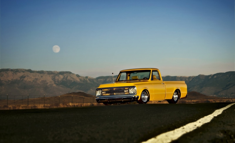 sky, mountain, summer, full moon, environment, sports Car, beauty in nature, single, pickup, street, arid climate, mode of transportation, cab, land Vehicle