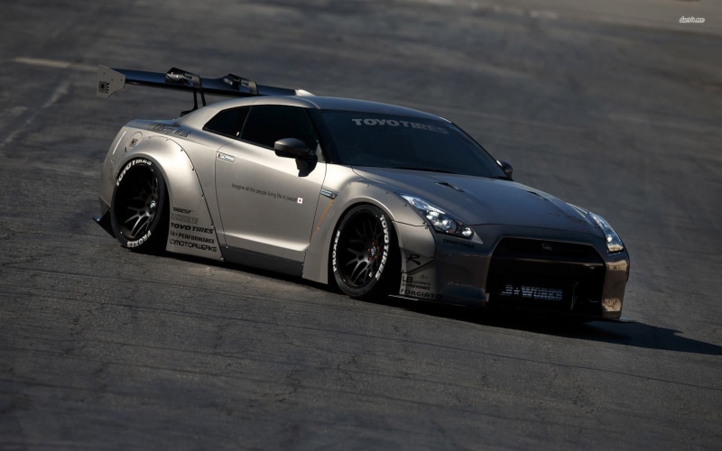 high angle view, luxury, land vehicle, coupe, black color, speed, Nissan, Nissan GTR, Liberty Walk, retro styled, no people, car, chrome, city, street