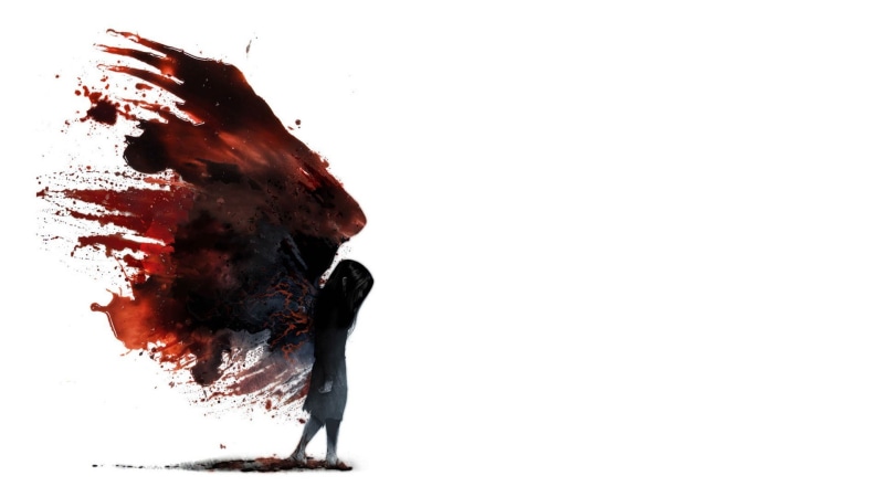 paint, aggression, indoors, stained, 1080P, motion, one person, full length, copy space, water, blood, cut out, minimalism white background artwork little girl painting paint splatter dark sad walking dark hair fantasy art blood angel demon