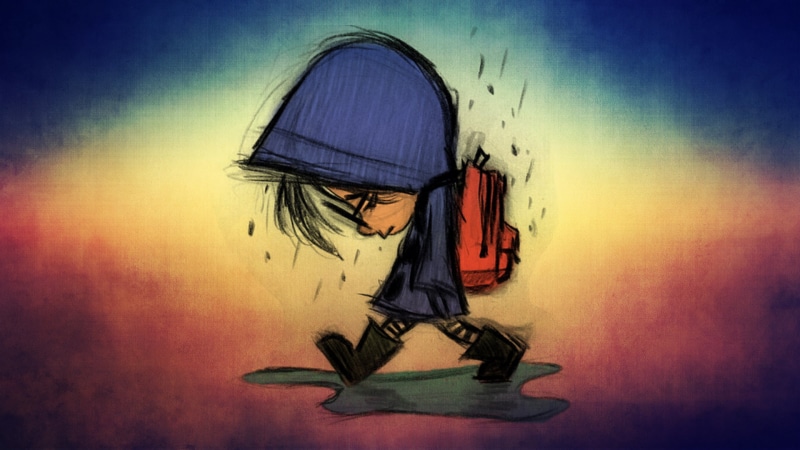 1080P, children, blue, Cartoon, rain, red, Sad