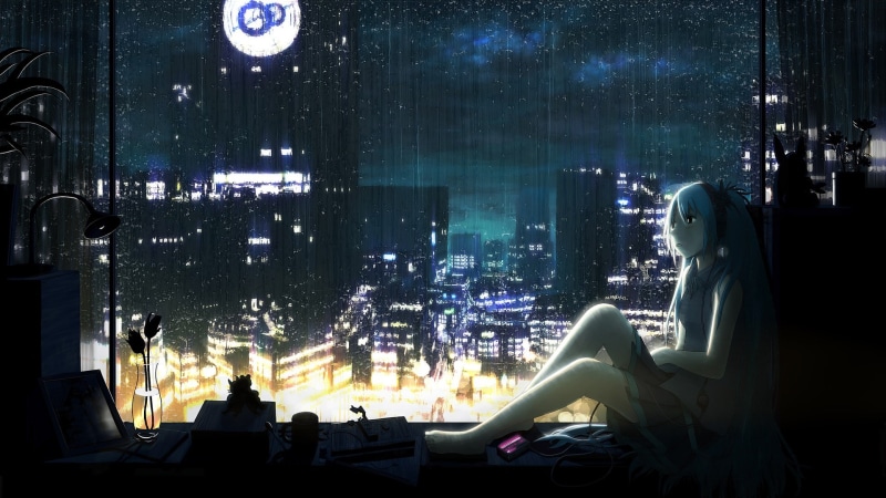 anime girl, anime, miku, night, 1080P, girl, rain, hatsune, hatsune miku, city, music