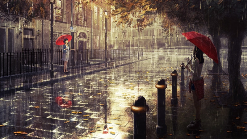artwork, monsoon, reflection, wet, rain, day, railing, anime girls, built structure, walking, water, outdoors, nature, protection, transportation, rainy season