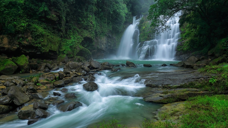 plants, waterfall, trees, rainforest, nature, Nauyaca Waterfalls, Monsoon, Costa Rica, moss, 1080P, rocks, long exposure