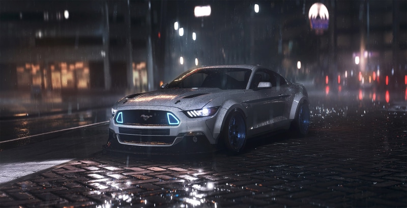 street, Ford, 1080P, Night, motion, motor vehicle, land vehicle, Musle, rainy season, wet, Mustang, monsoon, Front, architecture, coupe, silver, city life