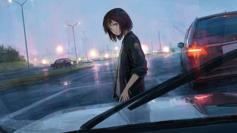 rain, 1080P, car, cityscape, traffic, anime girls