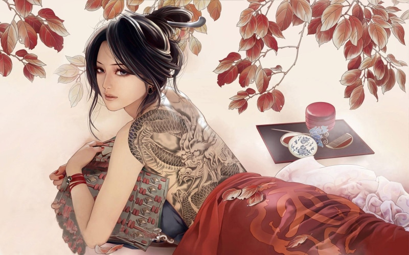 dragon, fantasy, woman, 1920x1200, black, back, tattoo, 1080P, gray, geisha, modern