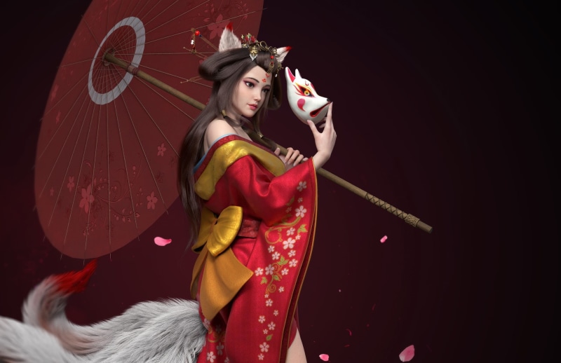 mask, geisha, ears, cherry blossoms, tail, the dark background, 1080P, Fox girl, kimono, kitsune, art, Wing, umbrella, bow