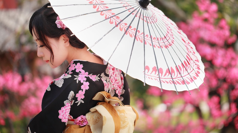 hairstyle, focus on foreground, flower, outdoors, lifestyles, parasol, fashion, holding, real people, standing, geisha, model, women, clothing, photography