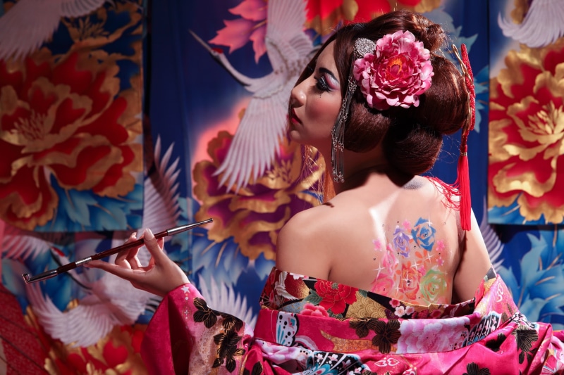 1080P, geisha, back, Japanese, Asian, tube, kimono, style, flowers, tattoo