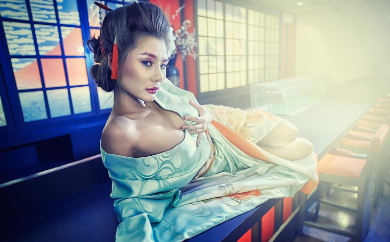 clothing, hairstyle, drawing, beauty, geisha, 1080P, real people, sitting, young women, focus on foreground, fashion, indoors, contemplation, looking