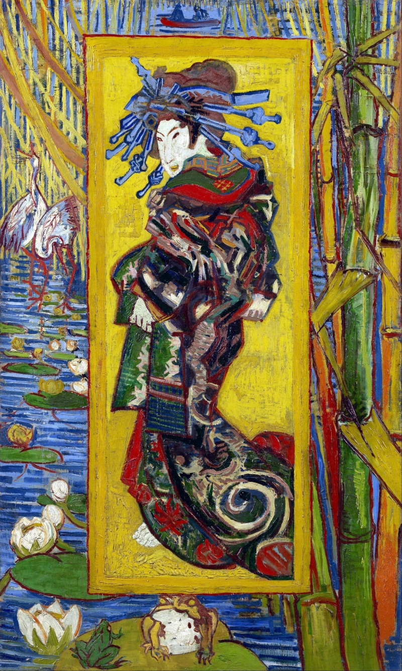 kimono, painter, kesai eisen, water, post impressionist, woman, mural, no people, 2K, creativity, gold, bamboo, flower, wood - material, art and craft