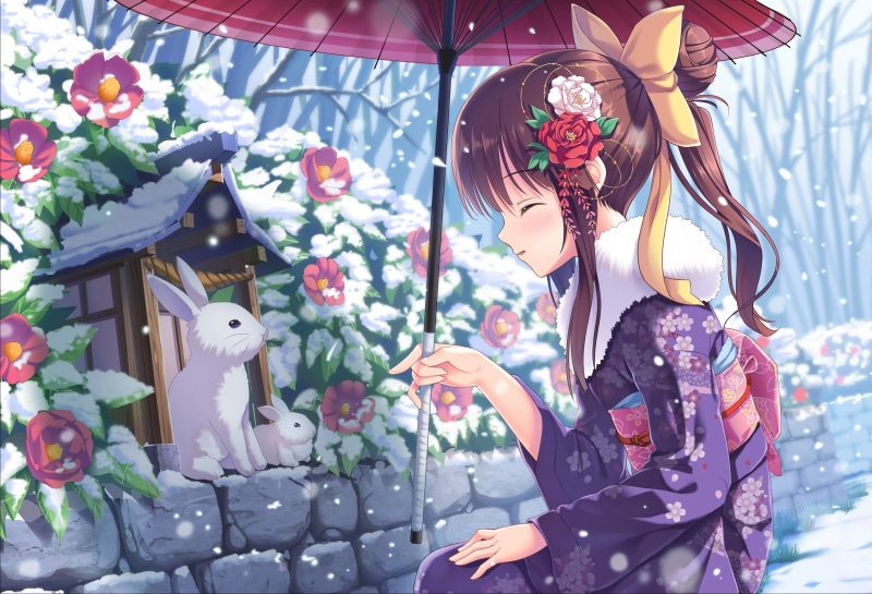 3304x2253, 2K, snow, kimono, flowers, japanese umbrella, girls, japanese, anime girls, umbrella, rabbits, anime