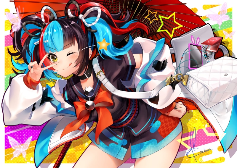 twintails, sunglasses, Fate/Grand Order, butterfly, blush, umbrella, multicolored hair, mirror, 1080P, Sei Shonagon (Fate/Grand Order), wink, Japanese clothes