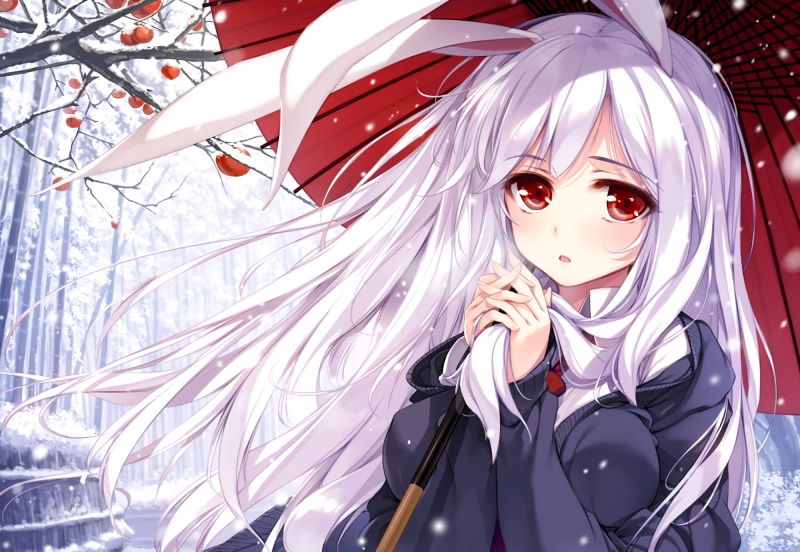 young adult, snow, ke-ta, trees, red eyes, young women, waist up, front view, lifestyles, adult, blushing, bunny ears, obscured face, leisure activity