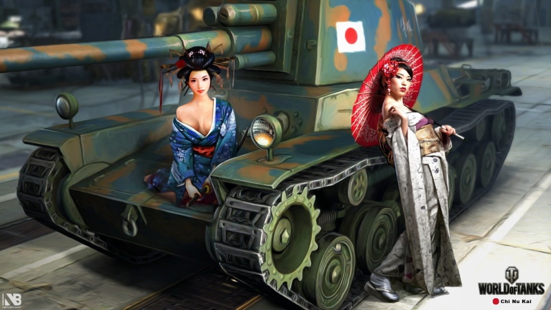 katana, umbrella, Japanese, figure, art, samurai, 1080P, girls, World of Tanks, tank, average, Chi Nu Kai, Asian girls, Nikita Bolyakov