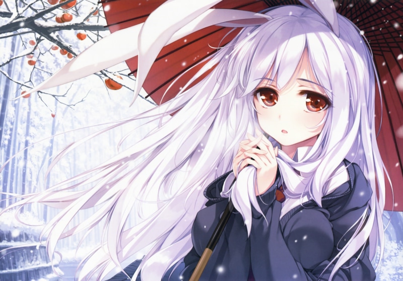 manga, obscured face, snow, leisure activity, adult, character, anime girls, umbrella, Touhou, 2K, trees, waist up, tie, looking at camera, parasol, animal ears