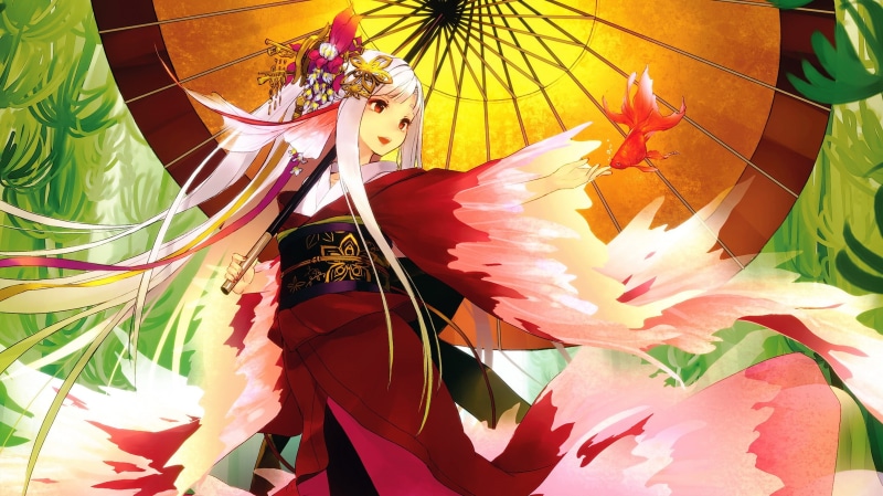 original characters, umbrella, 2K, fish, anime girls, kimono, Japanese umbrella