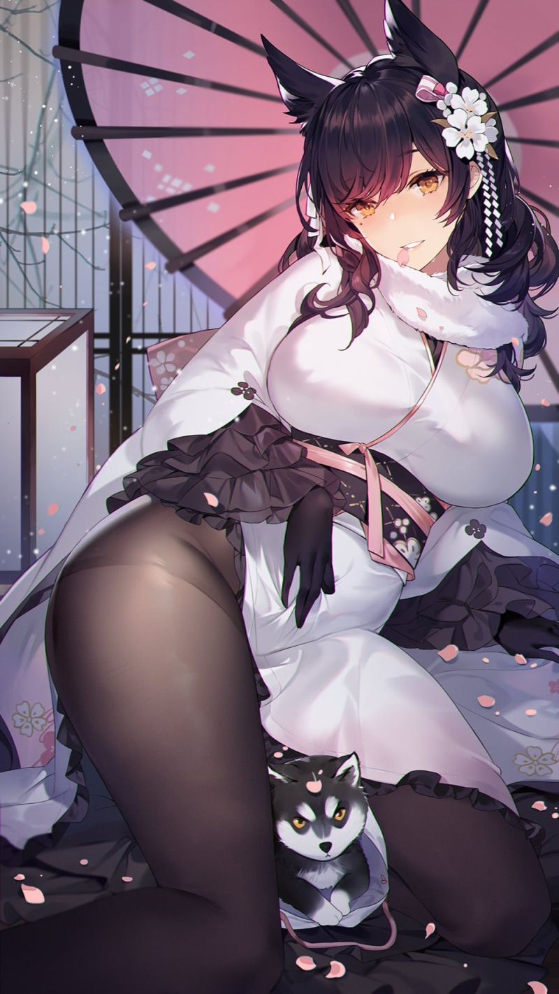 Japanese umbrella, Atago (Azur Lane), anime girls, Azur Lane, Hiroyamatsu, umbrella, dog, anime, animal ears, 720P, vertical
