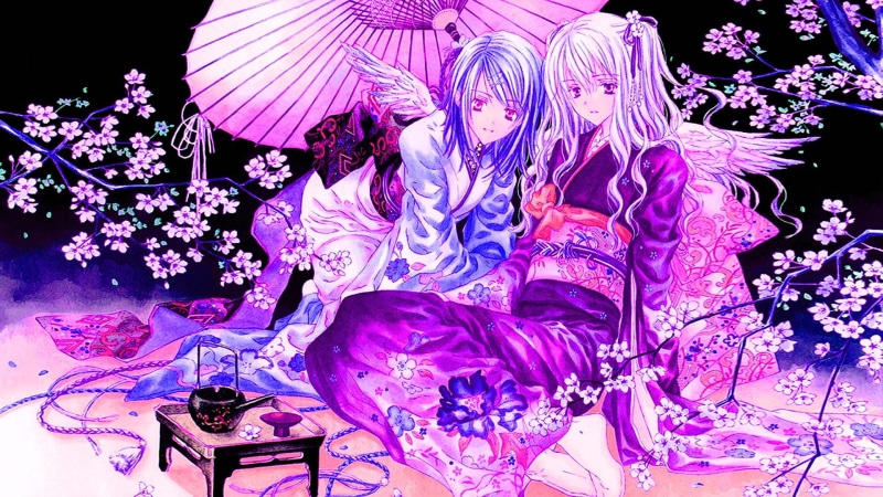 indoors, creativity, plant, Japanese clothes, table, art and craft, digital composite, Japanese umbrella, no people, purple, nature, anime, lighting equipment