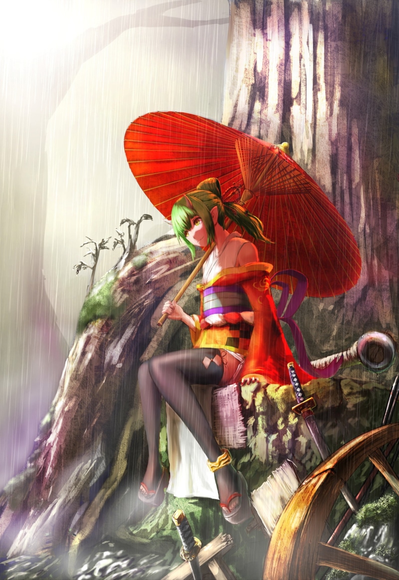 umbrella, thigh-highs, weapon, anime girls, Japanese clothes, original characters, 1080P, sword, horns, rain, anime