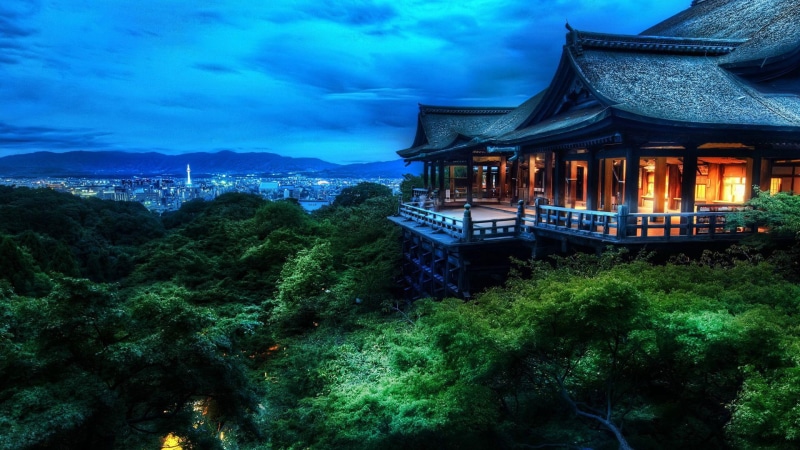 buildings, gray, kiyomizu-dera, city lights, classic, cityscapes, kyoto, house, night, near, kiyomizu, architecture, dera, 1080P, forest, building, clouds