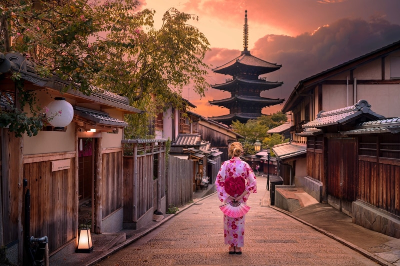 the city, Japan, pagoda, Japanese, Kyoto, sunset, fences, houses, street, 1080P, girl