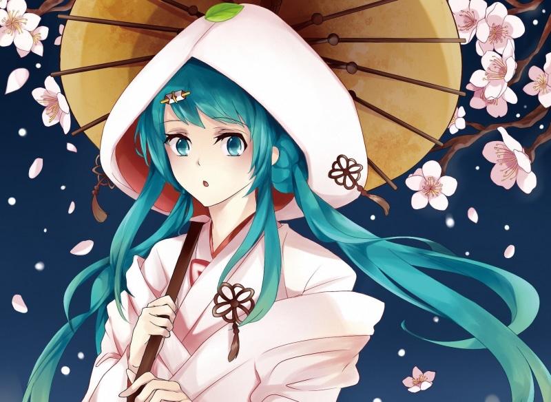 japanese Culture, anime, human Face, females, backgrounds, real people, headshot, front view, kimono, clothing, yuki miku, women, parasol, 1080P, hatsune miku