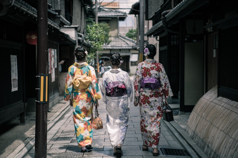 japan, festival, built structure, rear view, full length, architecture, robe, group, three, 5K, clothing, traditional clothing, kimono, daylight, kyoto