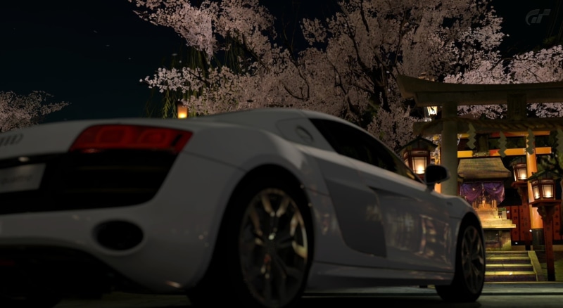1080P, Games, Gran Turismo, tree, car, audi r8, mode of transportation, illuminated, text, video game, kyoto, building exterior, sakura, city, nature